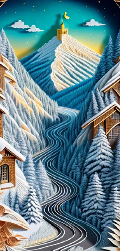 Illustrated snowy mountains with wooden houses under a night sky.
