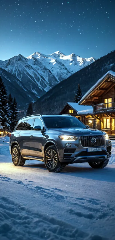 Luxury SUV near cabin under snowy mountain night sky.