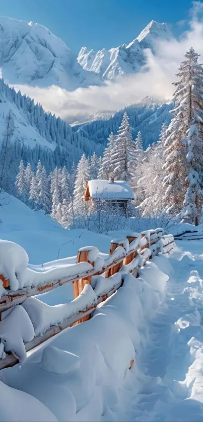 Snow-covered mountain cabin with trees and blue sky.