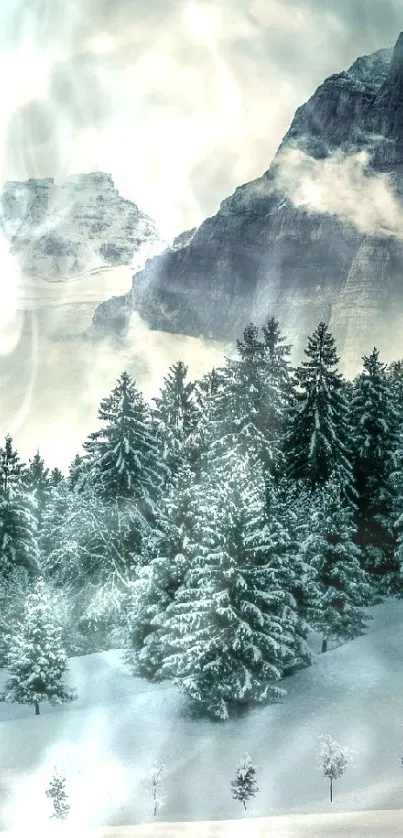 Snowy mountain landscape with car and trees.