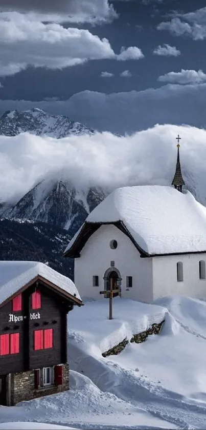 Snow-covered church in a serene mountain landscape.