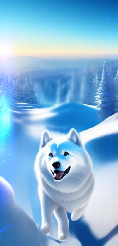 Playful white dog in snowy mountain landscape, mobile wallpaper.