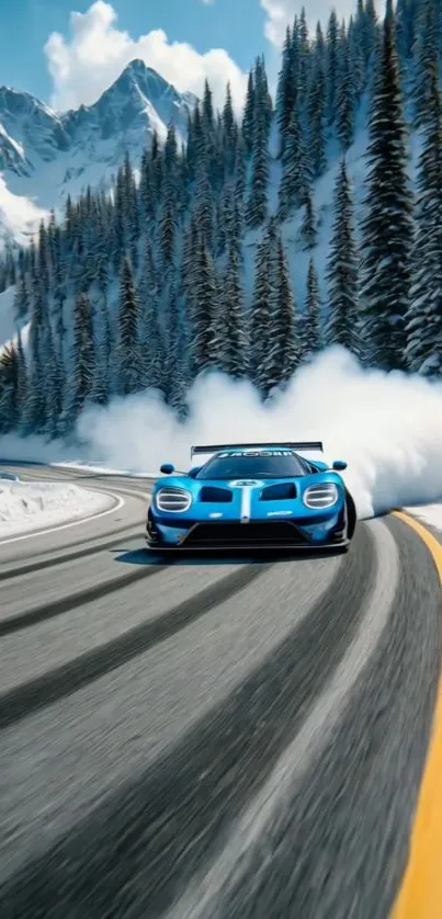 Blue sports car drifting on snowy mountain road.