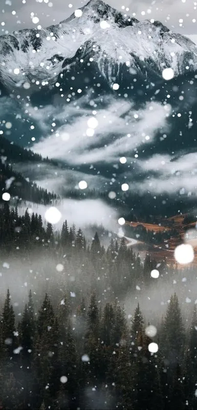 Snowy mountain forest with falling snowflakes.