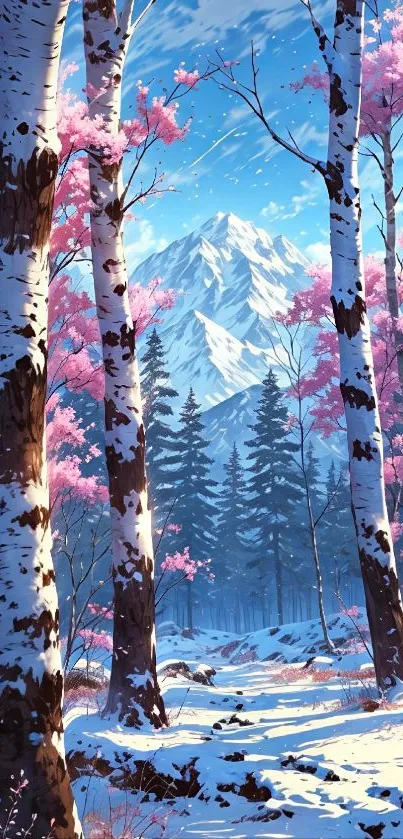 Snowy forest with pink blossoms and mountain backdrop.