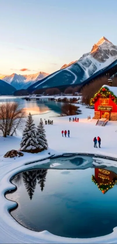 Snowy mountain scene with cabin and lake reflection during the holiday season.