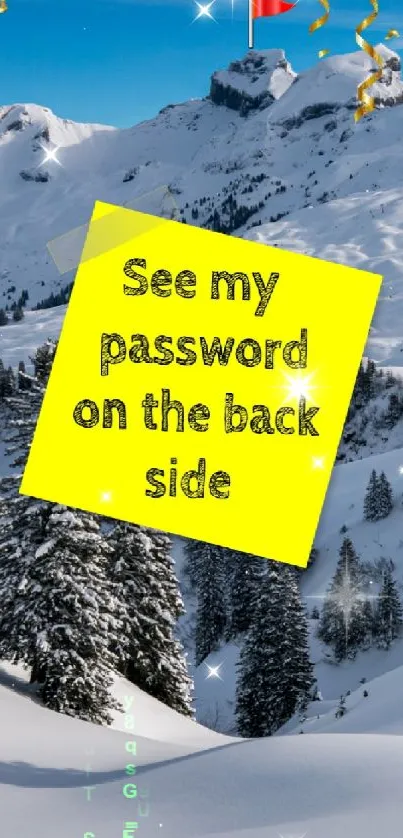 Snowy mountain landscape with humorous yellow note hanging.