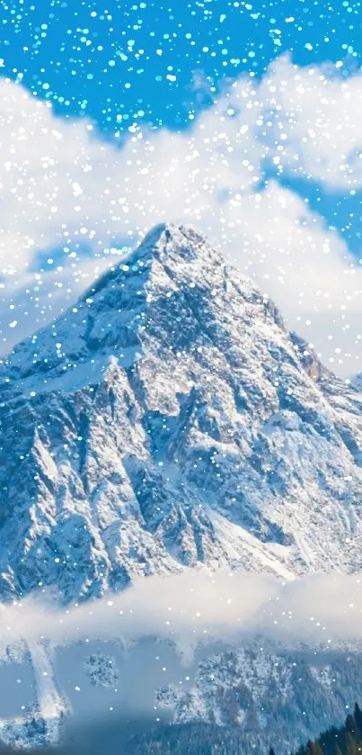 Snow-covered mountain under a vibrant blue sky with gentle snowfall.