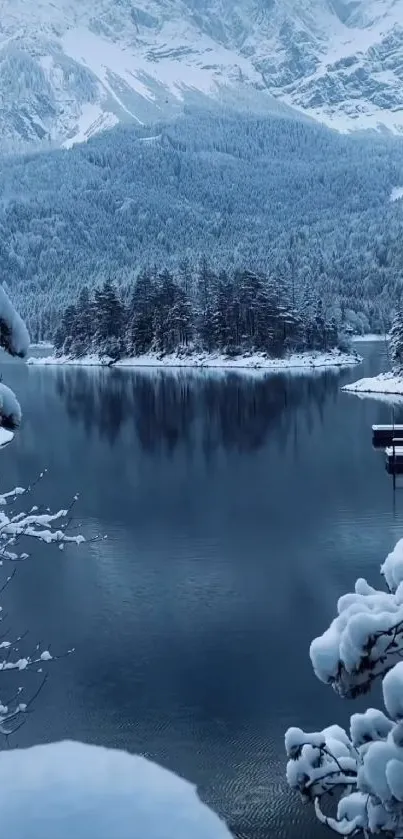 Snowy mountain lake with pine trees in winter.