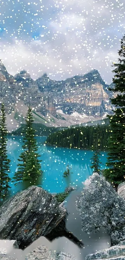 Snowy mountain lake with pines and rocks under a gentle snowfall.