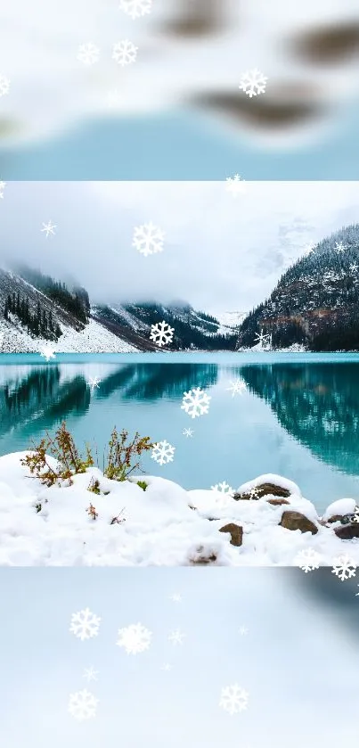 Serene snowy mountain lake with snowflakes on mobile wallpaper.