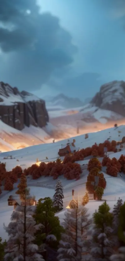 Snowy mountainous landscape with glowing lights at dusk.