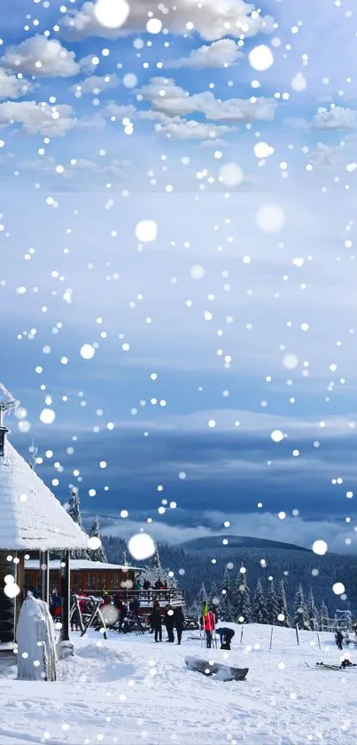 Snowy mountain landscape with cabin and clear blue sky