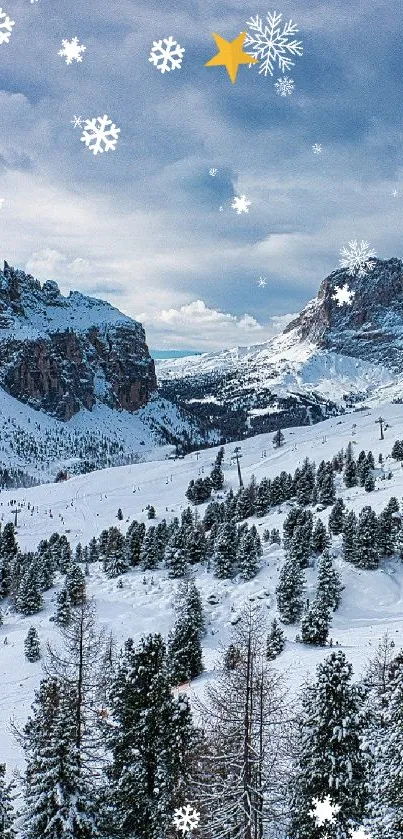 Snowy mountain landscape with forest and blue sky.