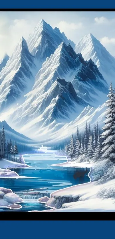Serene snowy mountain landscape with blue sky and icy river.