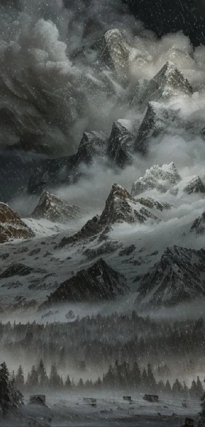 Snowy mountains with dramatic clouds on a mobile wallpaper, showcasing nature's beauty.