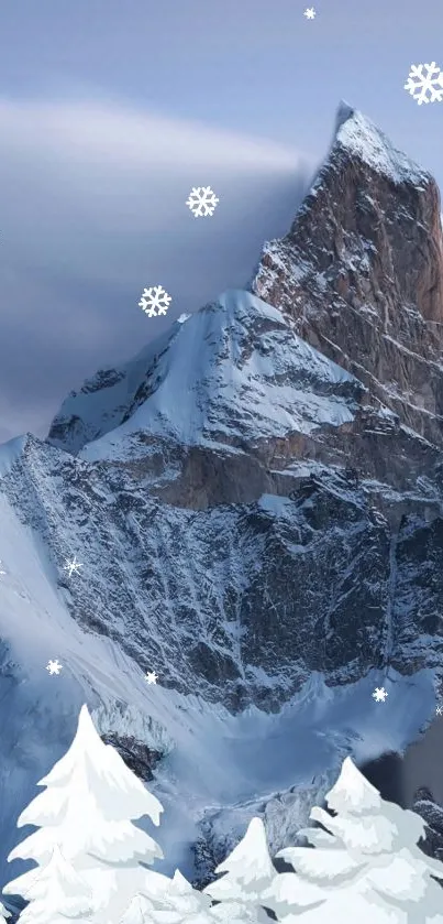 Snowy mountain peaks with falling snowflakes against a moody sky.