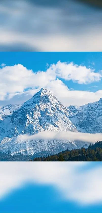 Breathtaking snowy mountain peak with a clear blue sky background.