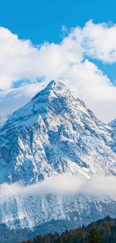 Snowy mountain peak with blue sky and clouds, perfect for mobile wallpaper.