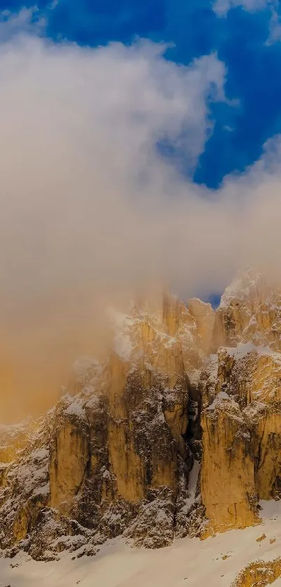 Snowy mountain peaks with blue sky and clouds for mobile wallpaper.