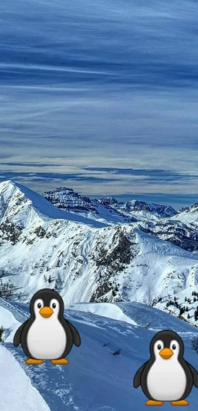 Snowy mountain vista featuring penguin emojis under a blue sky.