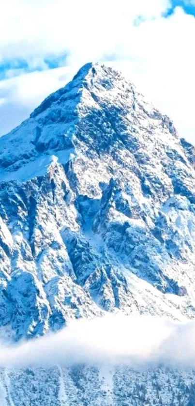 Snow-covered mountain peak under vibrant blue sky.