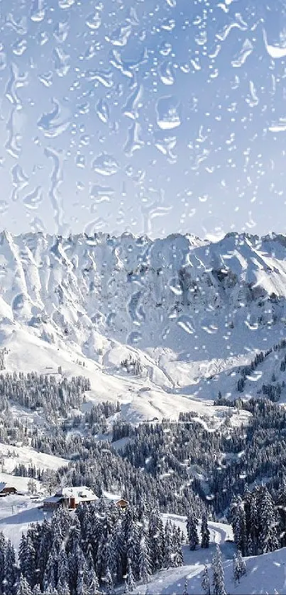 Snowy mountain landscape with raindrops effect