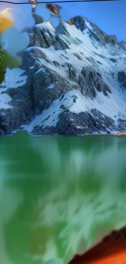 Snow-covered mountain reflecting in green water with azure sky.