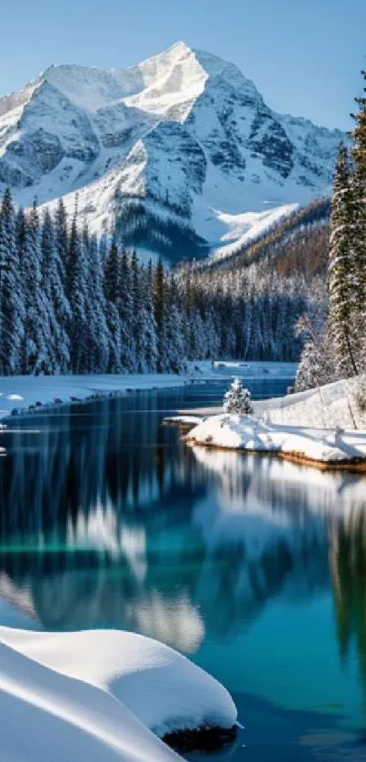 Snowy mountain landscape with a reflective river and pine trees.