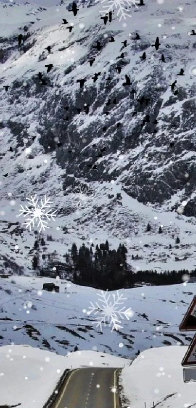 Snowy mountain road with birds and snowflakes creating a serene winter view.