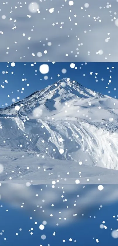 Snowy mountain scene with falling snowflakes.