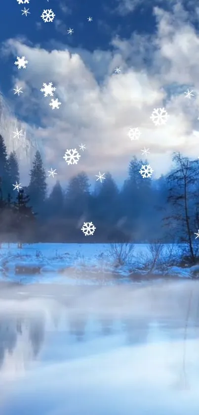 Serene snowy mountain landscape with mist and snowflakes.