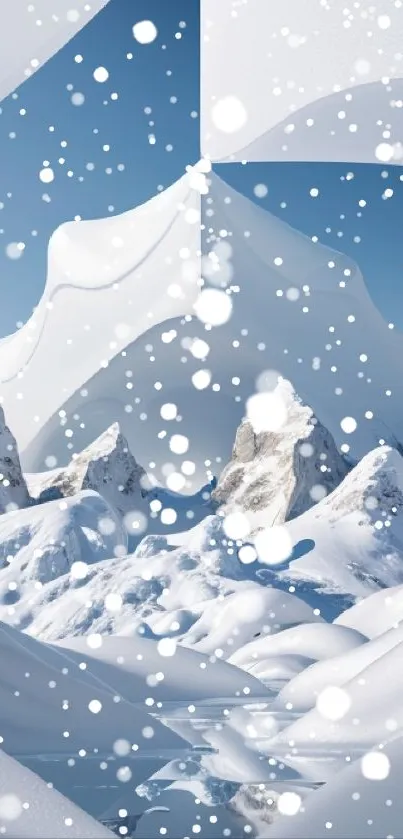Serene snowy mountains under a blue sky with gentle snowfall.