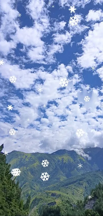 Snowy mountain landscape with blue sky and clouds.