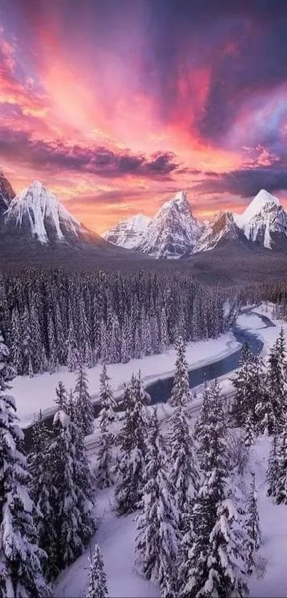 Snowy mountain landscape with vibrant sunset sky over frosty forest.