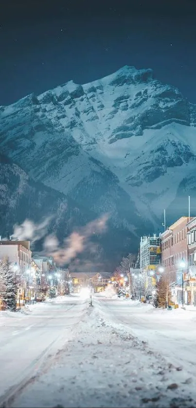 Snowy mountain town under a starry night sky with illuminated streets.