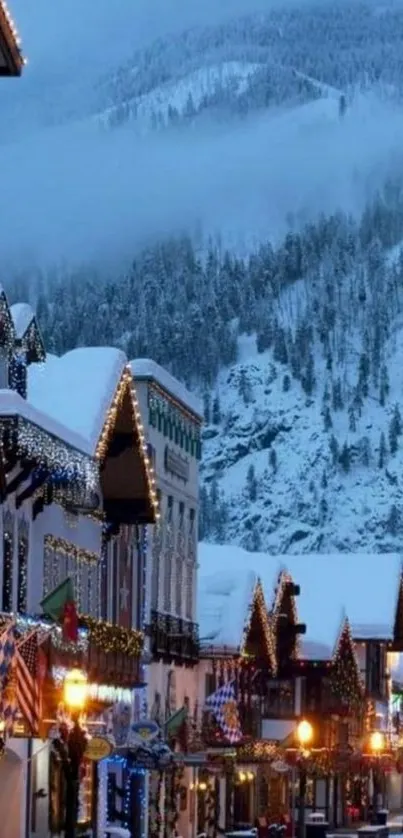 Snowy mountain town with festive lights.