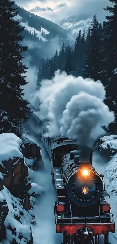 Train cutting through snowy mountains in winter.