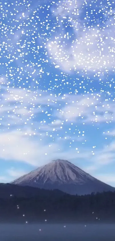 Snowy mountain peak under blue sky with scattered clouds and white flecks.