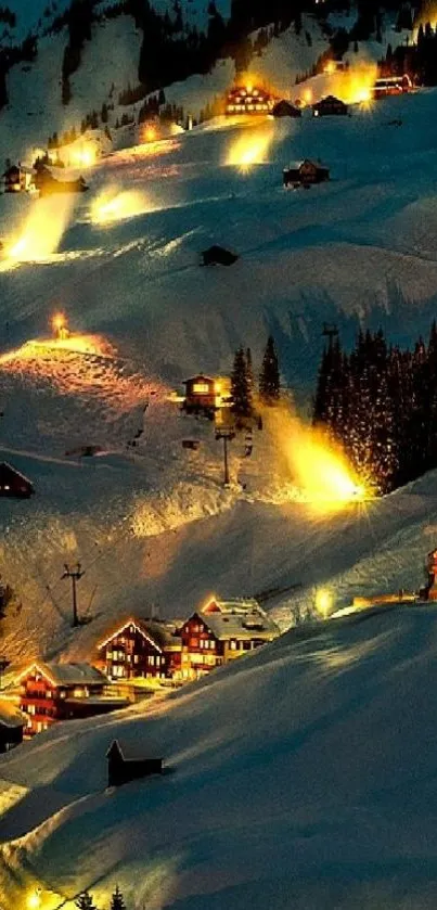 Peaceful snowy mountain village at night with cozy illuminated houses.