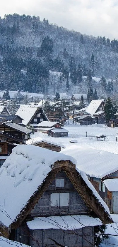 A scenic view of a snowy mountain village with rustic rooftops and forested hills.