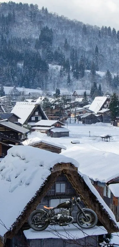 Snowy mountain village with motorcycle on roof.