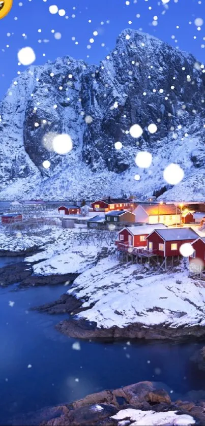 Snowy mountain village with red cabins and blue sky.