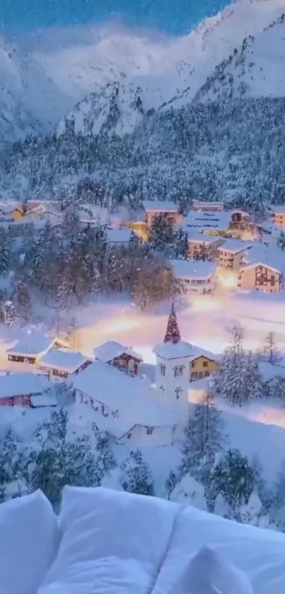 Snowy village nestled in winter mountains with trees and serene ambiance.