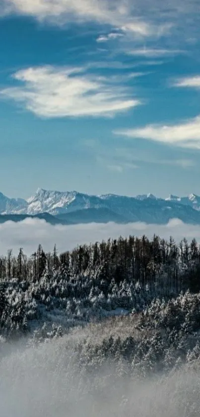 Snowy mountain landscape with misty forest and cloudy sky.