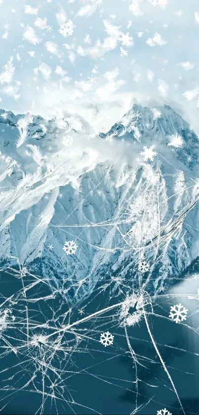 Snowy mountain with ice crystals and snowflakes wallpaper.