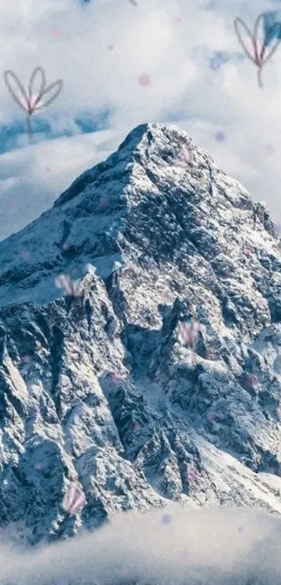 Snowy mountain with butterflies and blue sky.