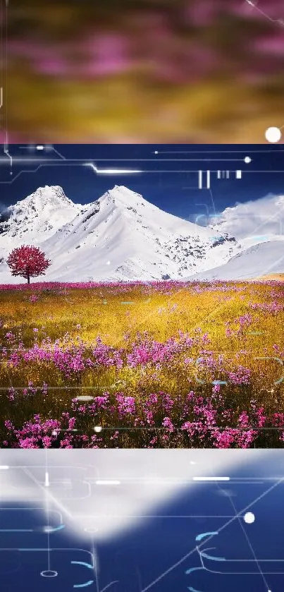 Scenic snowy mountains with pink floral field and digital design elements.