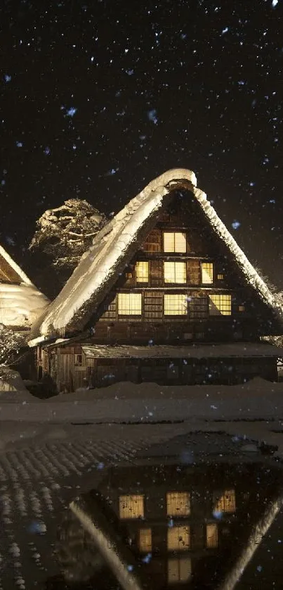 Cozy cabin under a starry snowy sky reflecting in a pond at night.