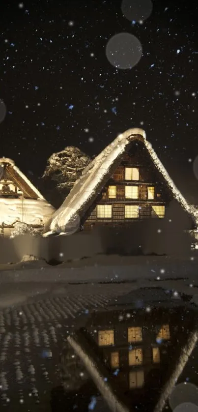 Scenic snowy night with cabins reflecting in water under a starry sky.